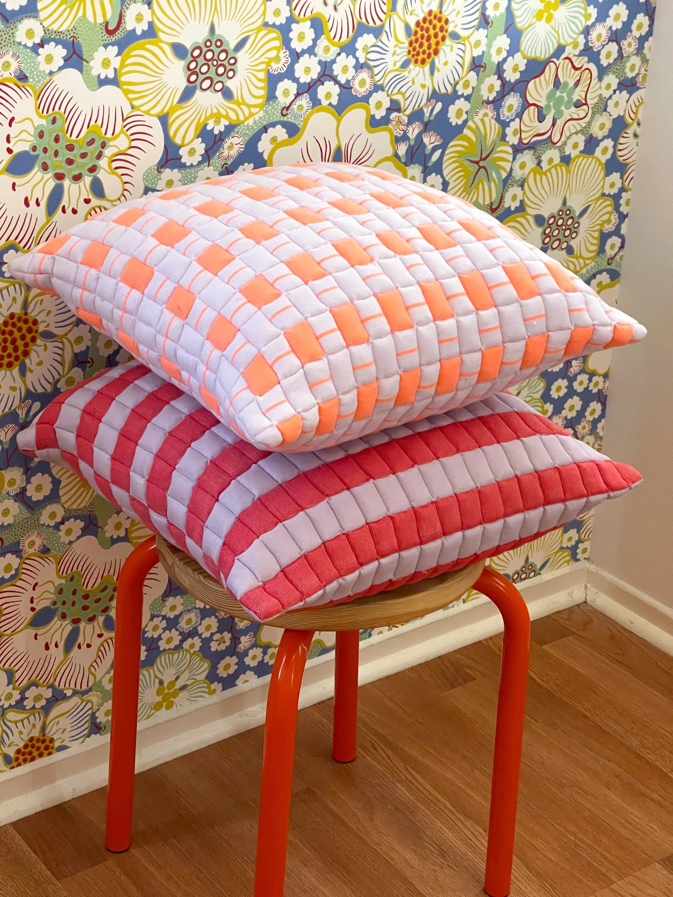 Backordered: Sujani Quilted Pillow — Pastel Lilac and Neon Orange Archive New York
