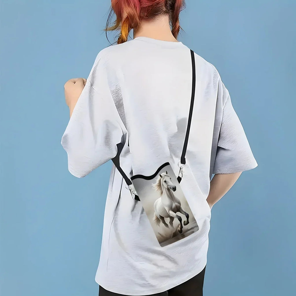Synthetic Leather Phone Bag - Horse Print Adjustable Strap