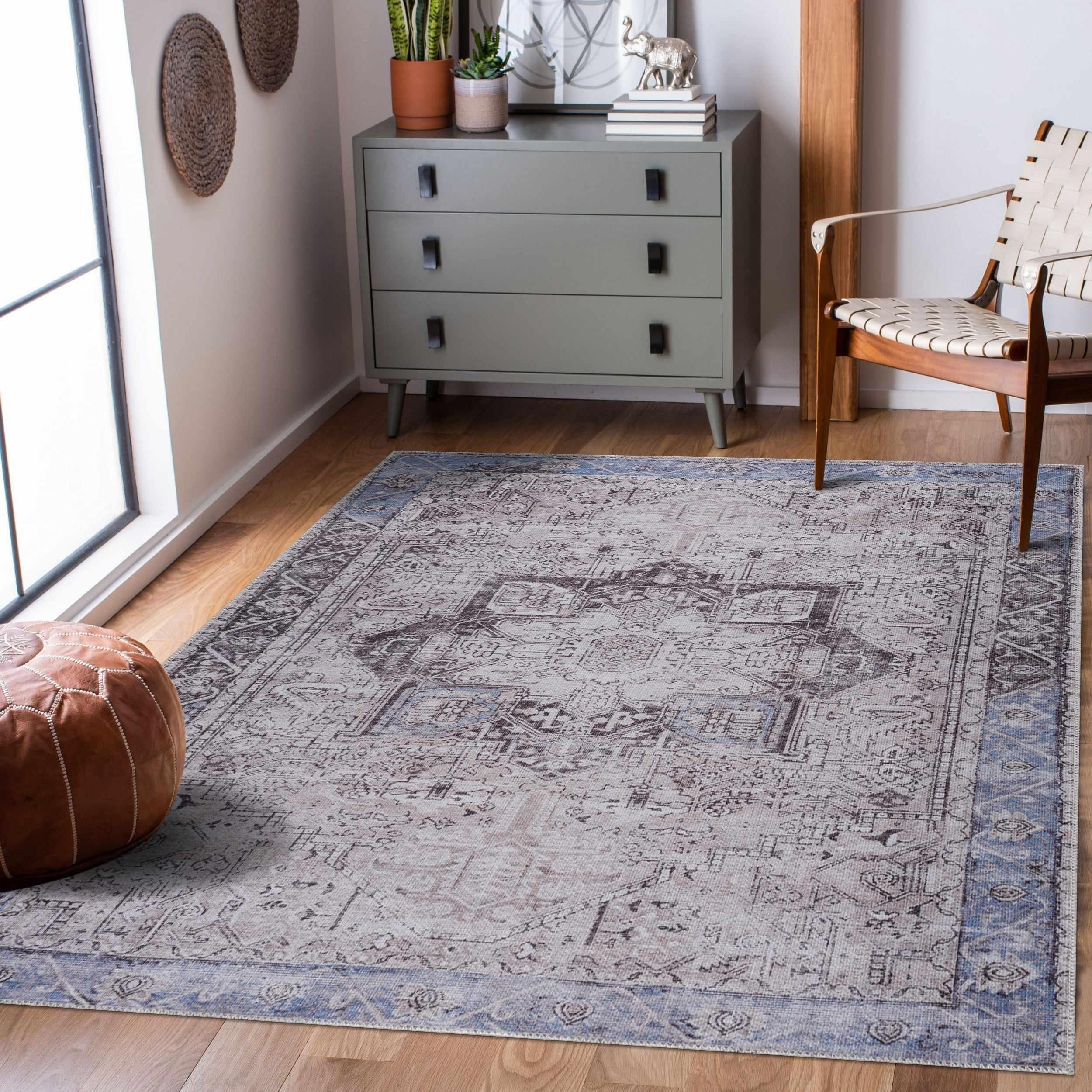 Rosman Blue&Beige Washable Area Rug Hauteloom