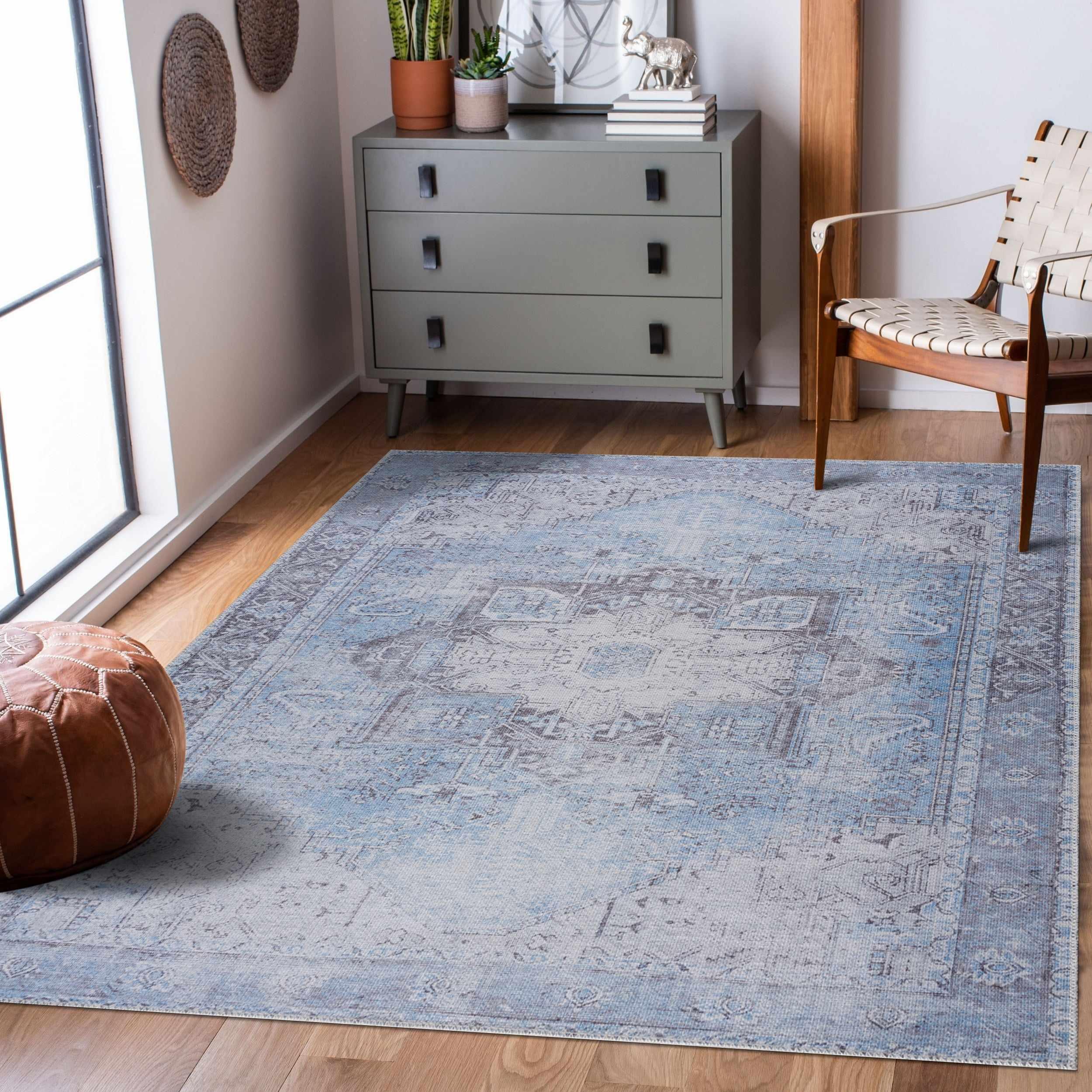 Aqua Rosman Washable Area Rug Hauteloom