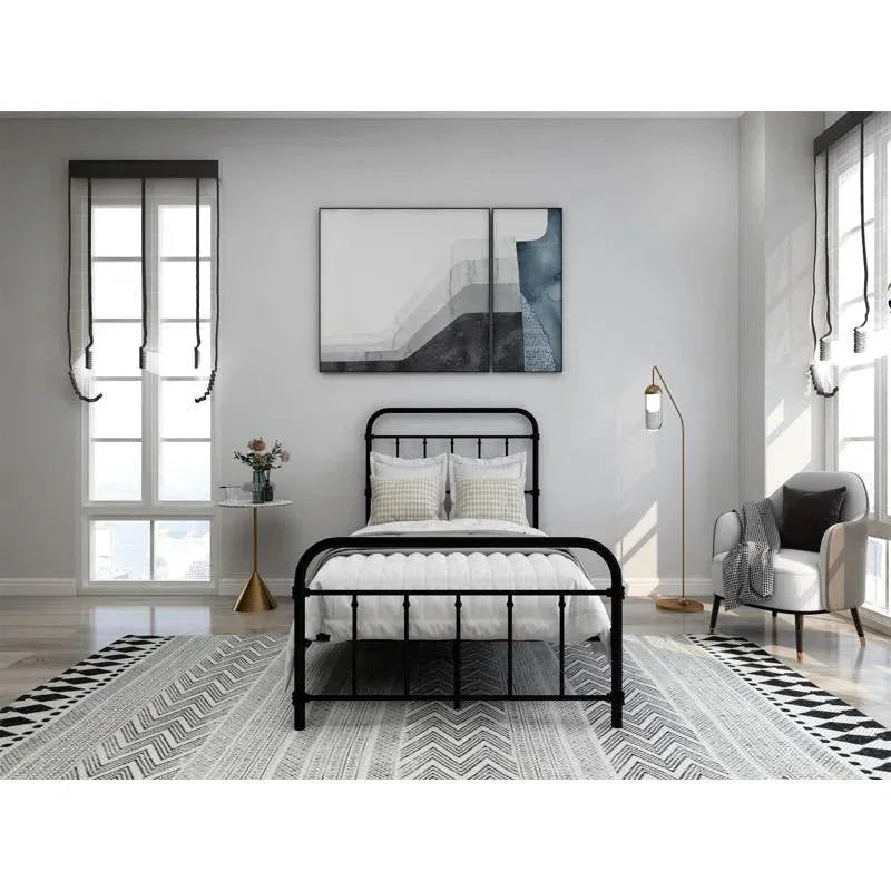 Twin size Farmhouse Black Metal Bed Frame with Rounded Headboard Footboard