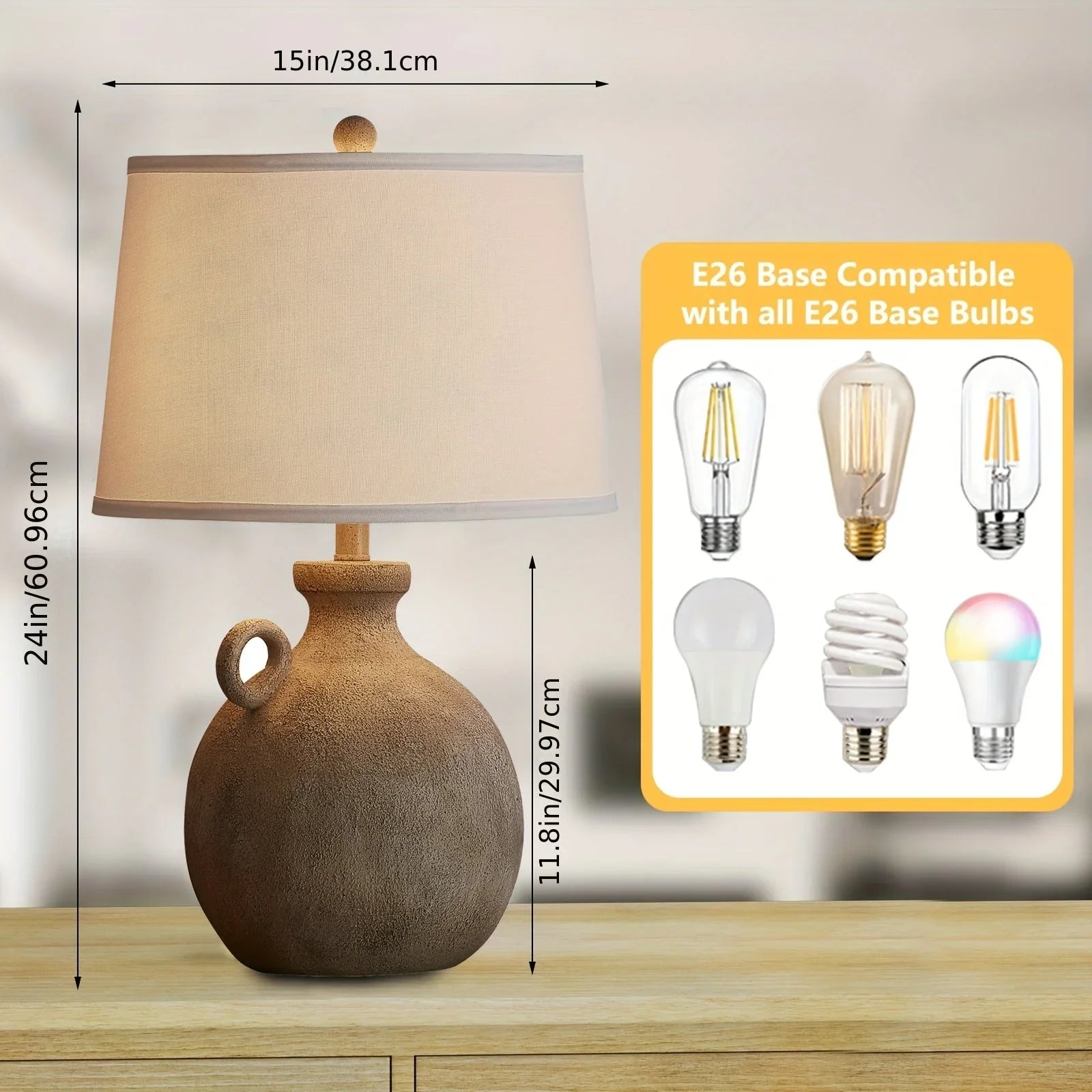 24" Farmhouse Table Lamp for Bedroom with Usb Charging Port, 3-way Dimmable Rustic Single Lamp, Resin... - House Of Avana