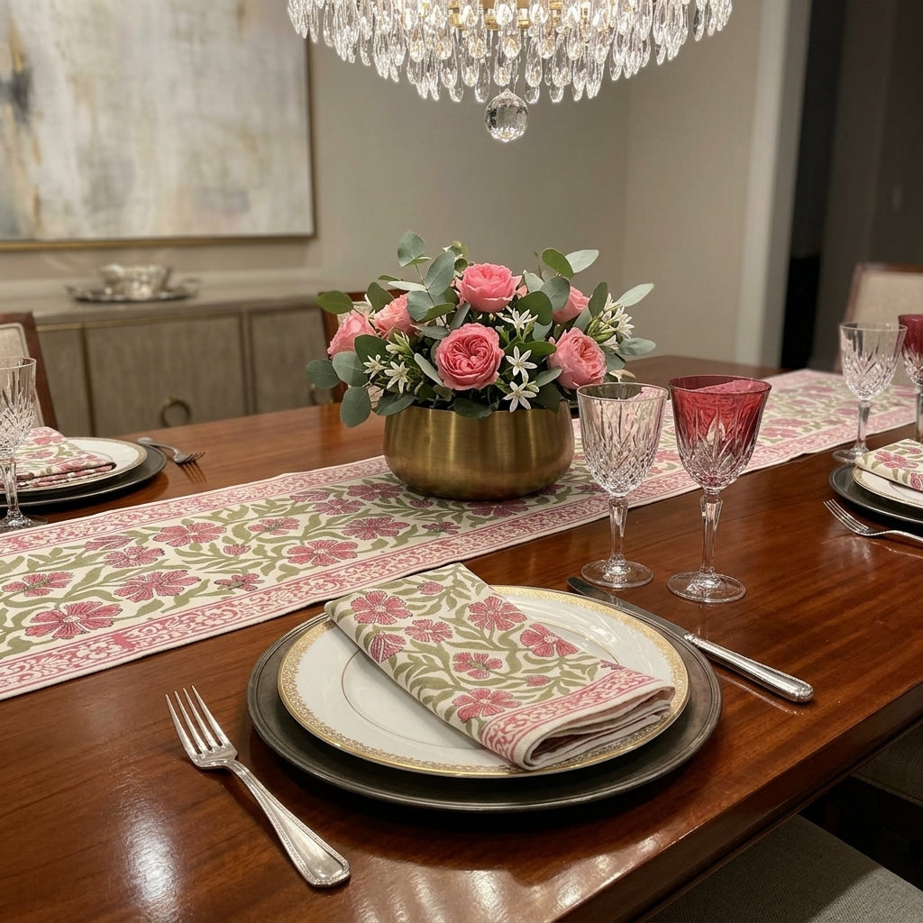 A styled dining table setting featuring a floral patterned table runner and matching folded napkins in pink, green, and beige tones, arranged with white plates, silver cutlery, clear and pink tinted wine glasses, and a gold vase with a pink rose centerpiece.