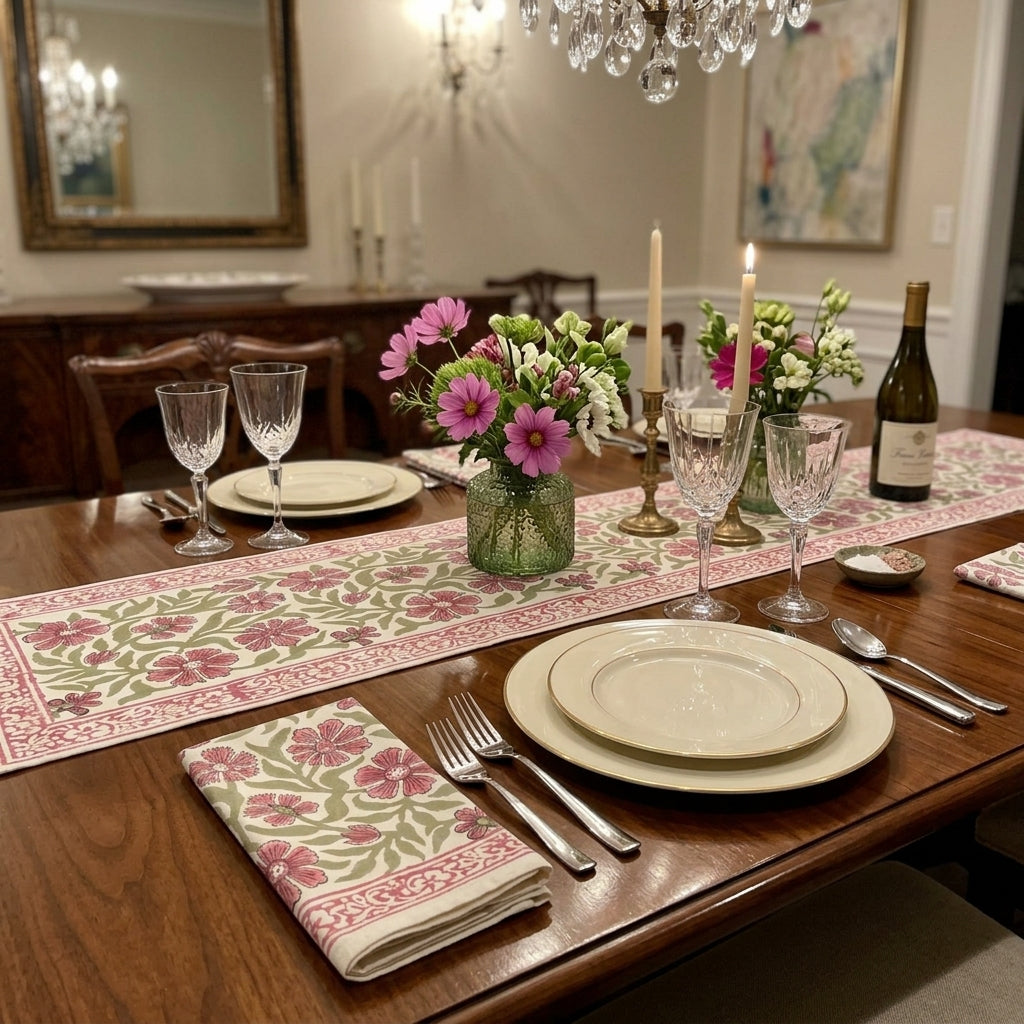 A styled dining table set for a dinner party with a floral table runner, matching napkins, cream plates, crystal glasses, candles, and a wine bottle in a warmly lit dining room.
