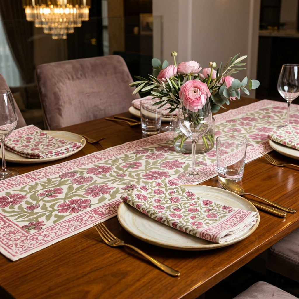 A floral table runner and matching folded napkins with gold flatware are arranged on a wooden dining table, alongside a glass vase of pink flowers, plates, and wine glasses in a styled dining room setting.
