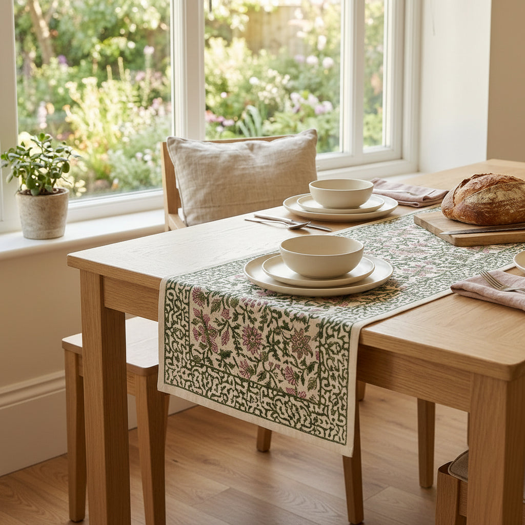 A styled dining table in a bright room, featuring a floral patterned table runner, white ceramic bowls and plates, a loaf of bread, a glass pitcher, and a wooden chair by a large window with a garden view.