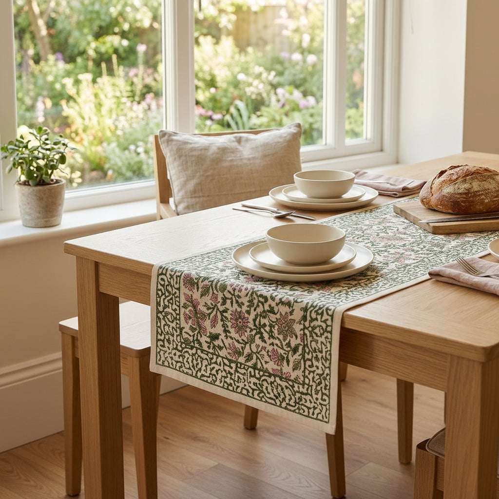 A styled dining table in a bright room, featuring a floral patterned table runner, white ceramic bowls and plates, a loaf of bread, a glass pitcher, and a wooden chair by a large window with a garden view. [[SKU:HOA-TR-EGPK-009]]