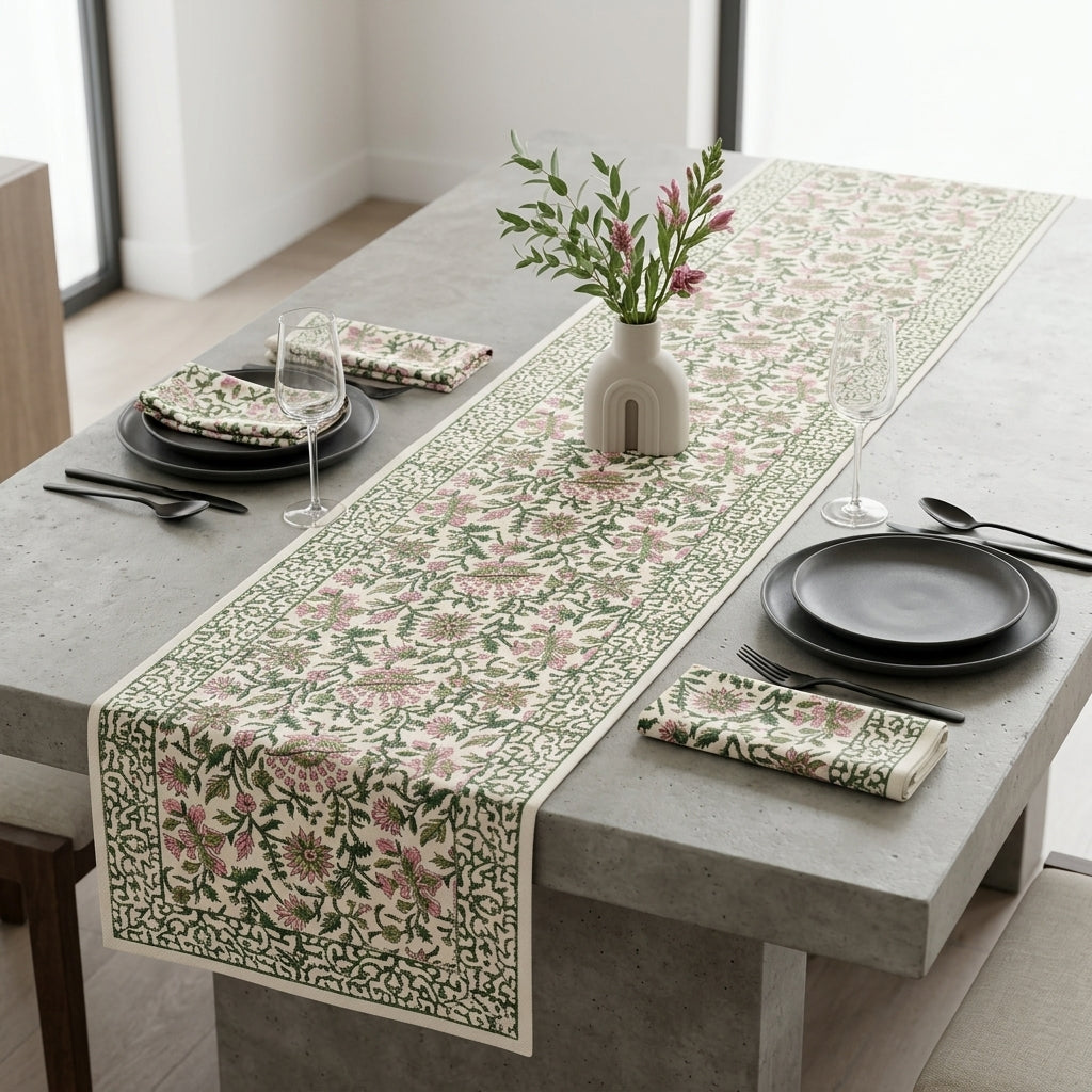 A floral table runner and matching napkins styled on a concrete dining table with black plates, cutlery, wine glasses, and a small vase of pink flowers in a bright room.