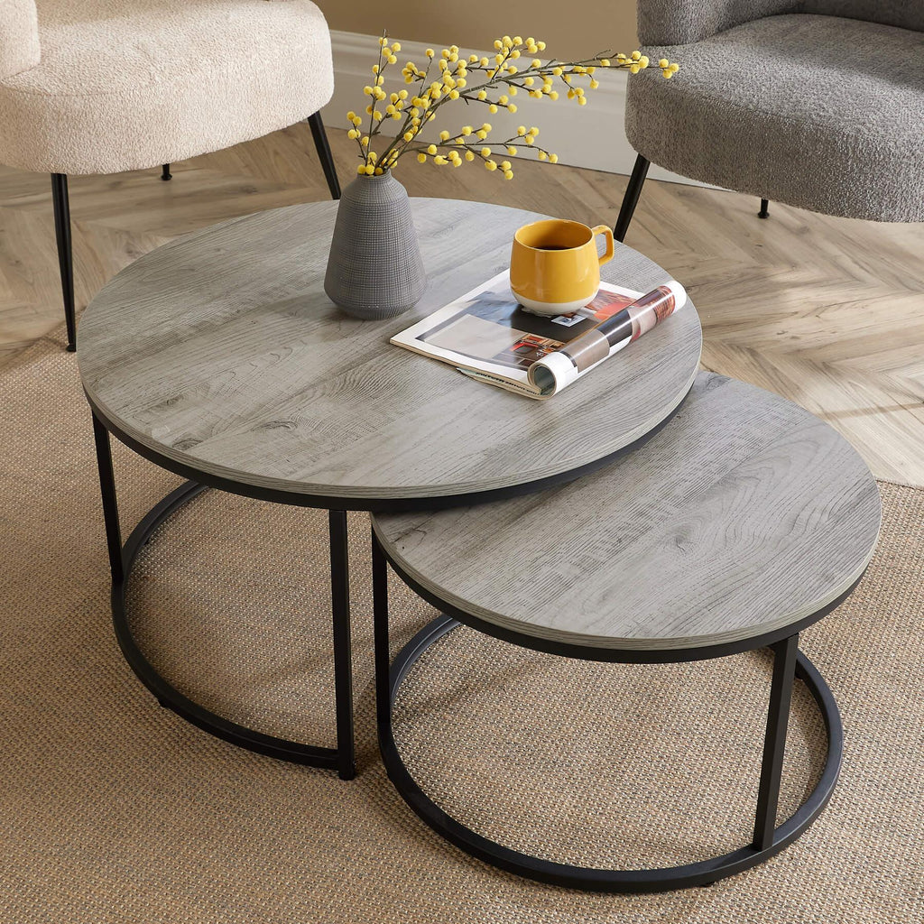 Nest of 2 Grey Tables Round Stackable Side Unit Industrial Living Room Furniture House Of Avana