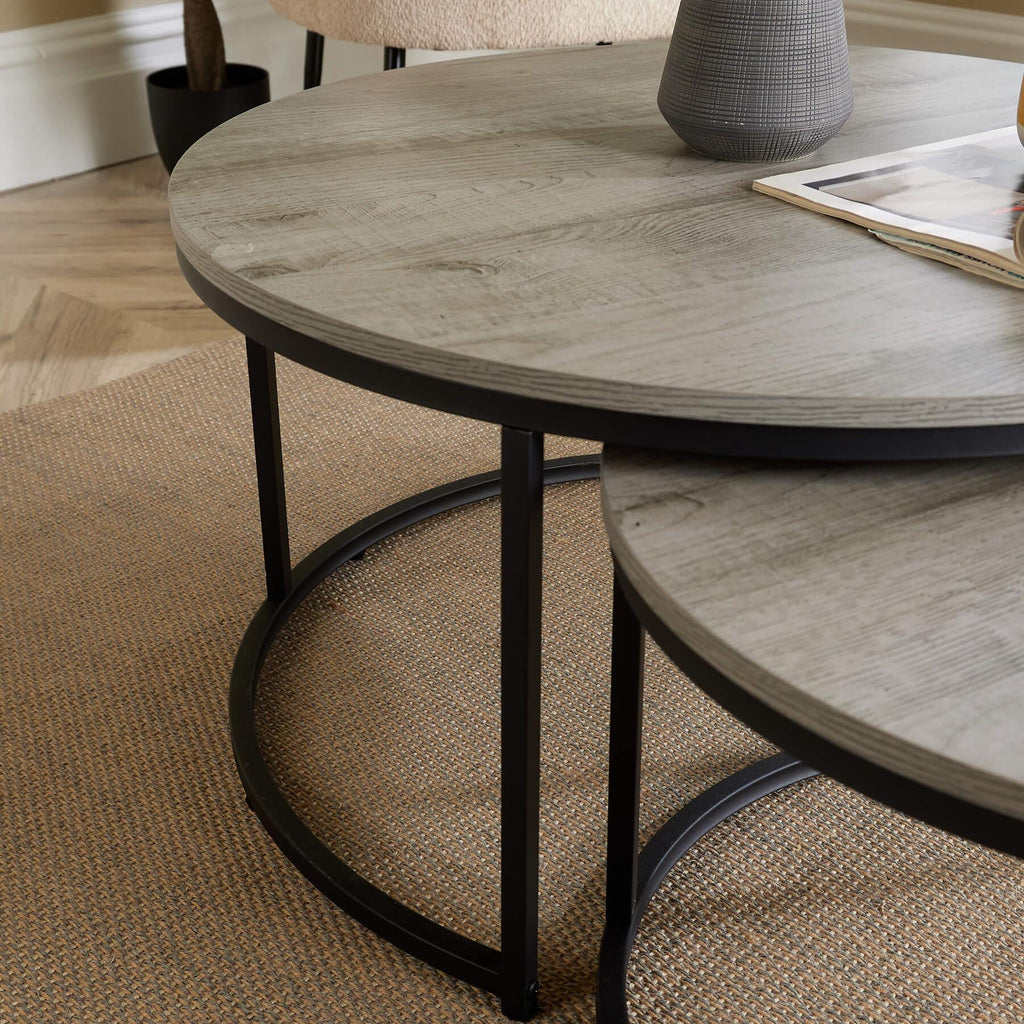 Nest of 2 Grey Tables Round Stackable Side Unit Industrial Living Room Furniture House Of Avana