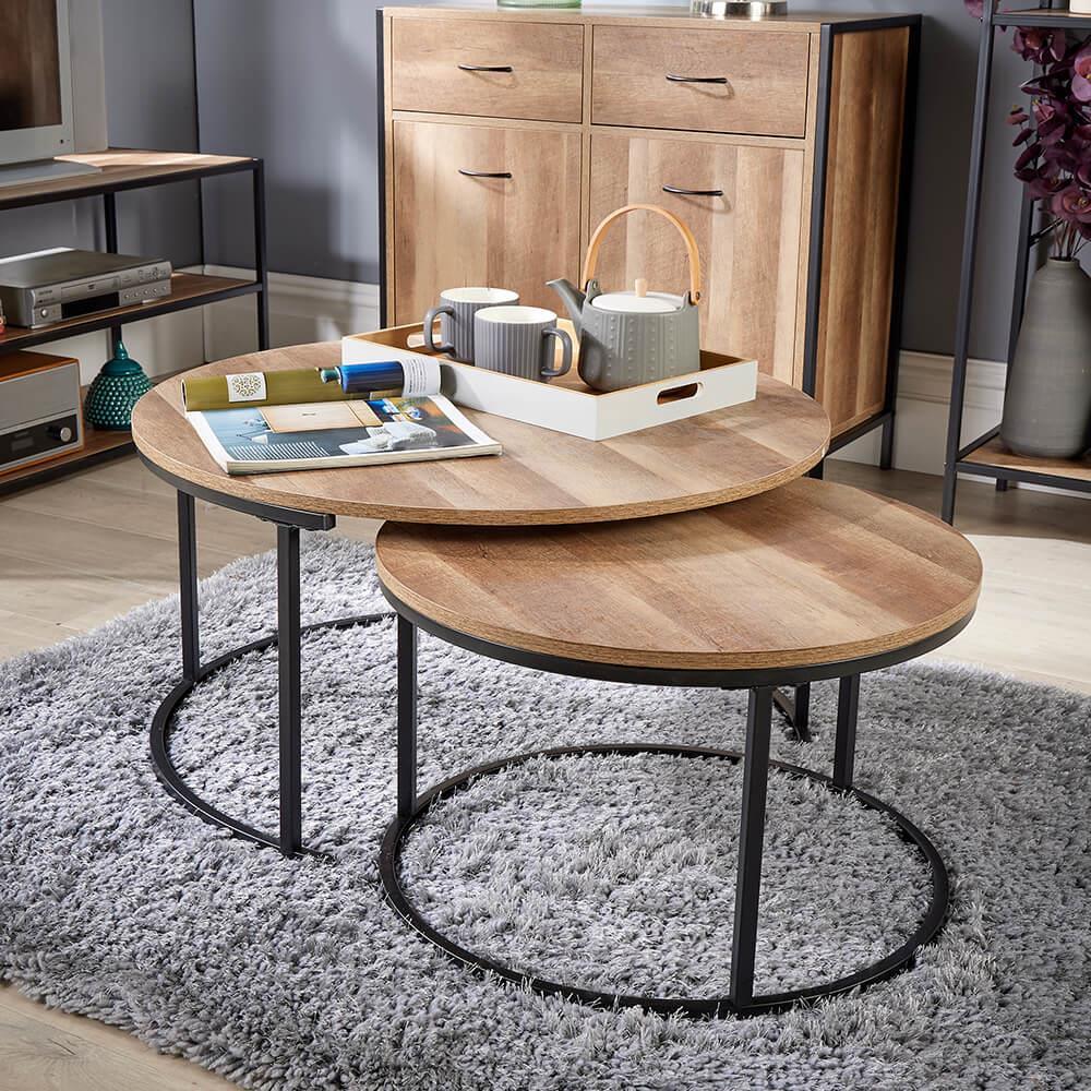 Nest of 2 Grey Tables Round Stackable Side Unit Industrial Living Room Furniture House Of Avana