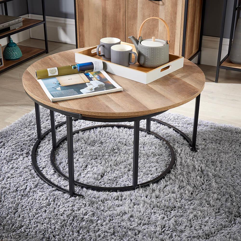 Nest of 2 Grey Tables Round Stackable Side Unit Industrial Living Room Furniture House Of Avana