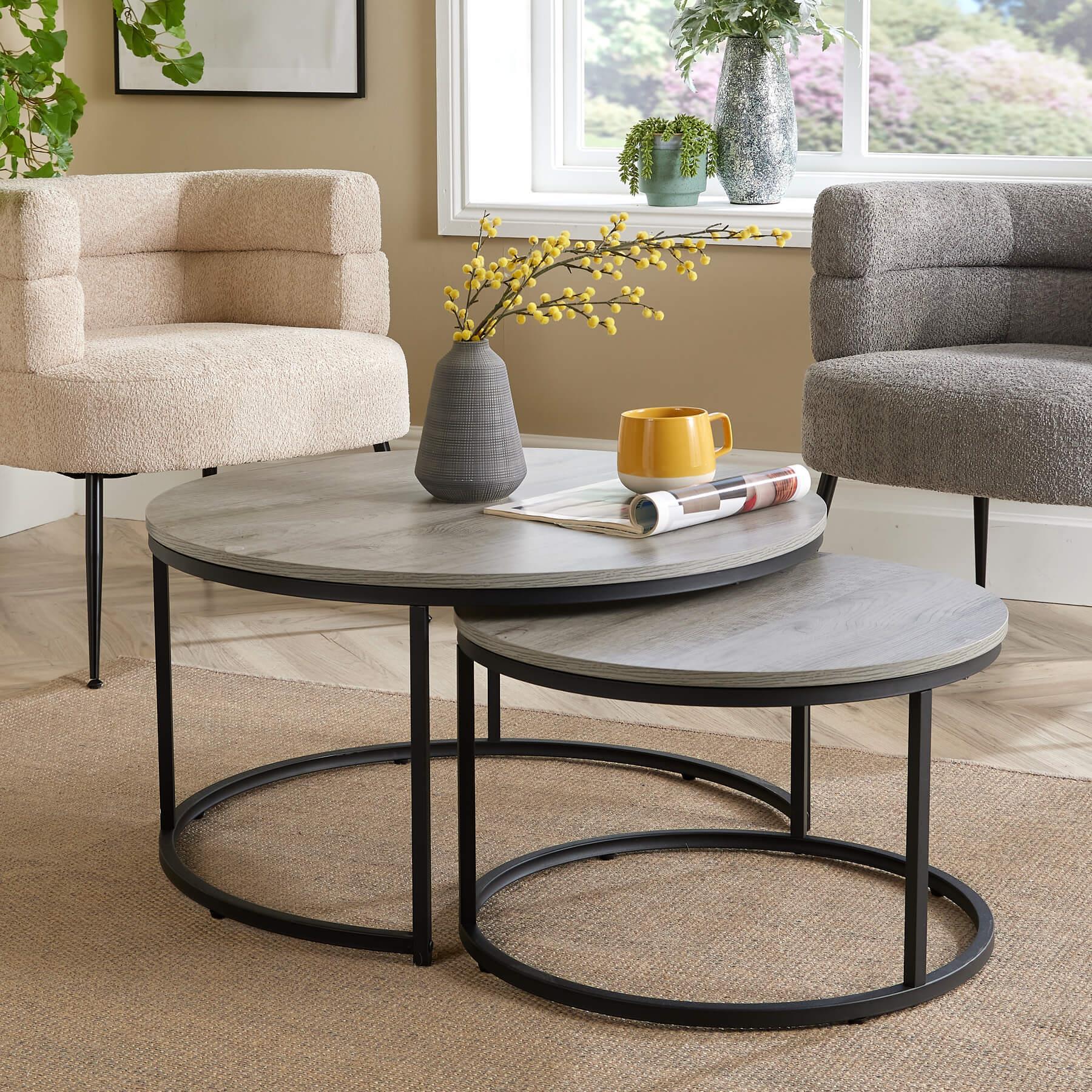 Nest of 2 Grey Tables Round Stackable Side Unit Industrial Living Room Furniture House Of Avana