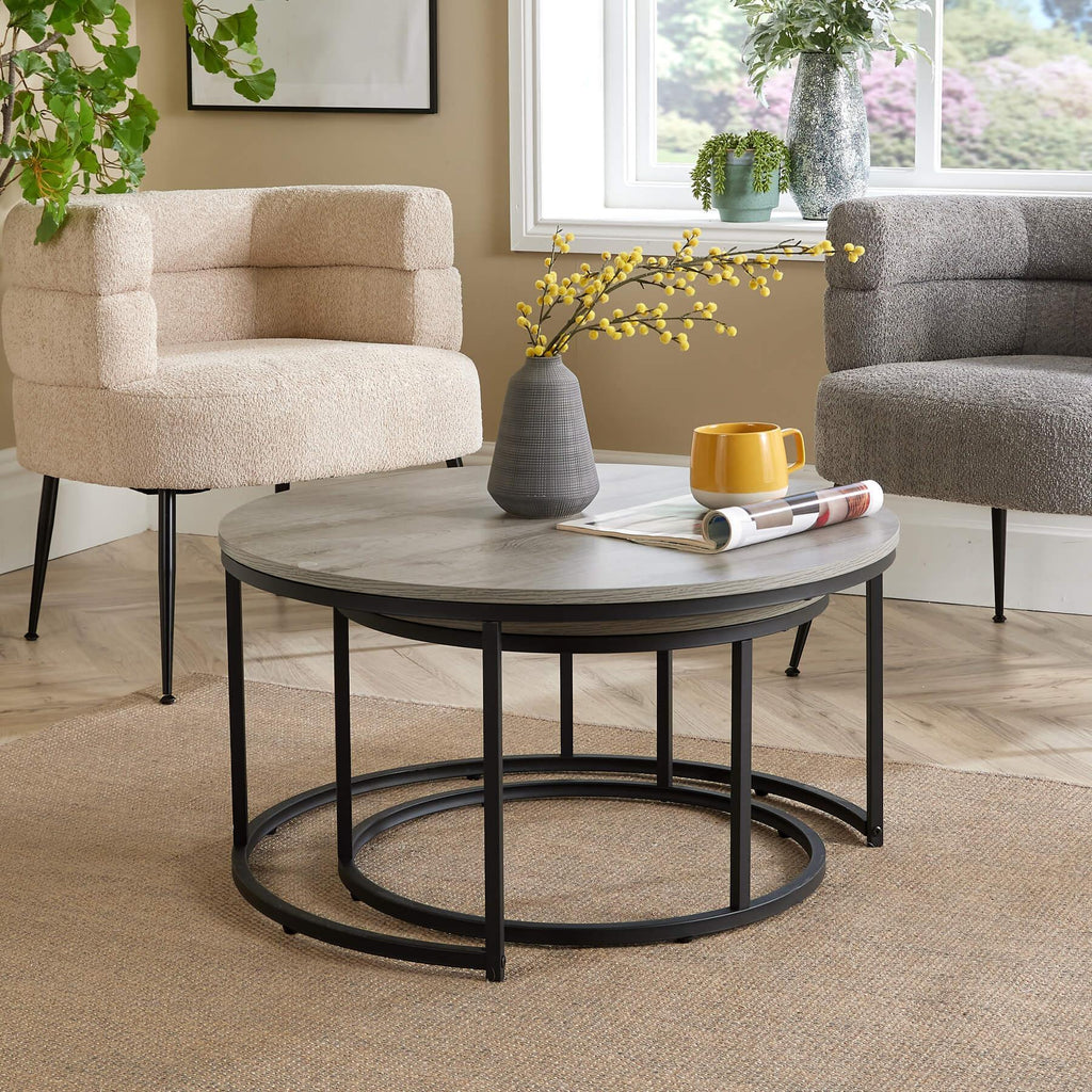 Nest of 2 Grey Tables Round Stackable Side Unit Industrial Living Room Furniture House Of Avana
