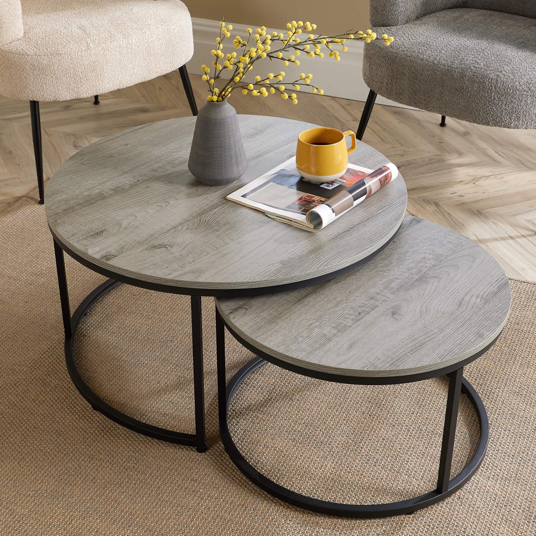 Nest of 2 Grey Tables Round Stackable Side Unit Industrial Living Room Furniture House Of Avana