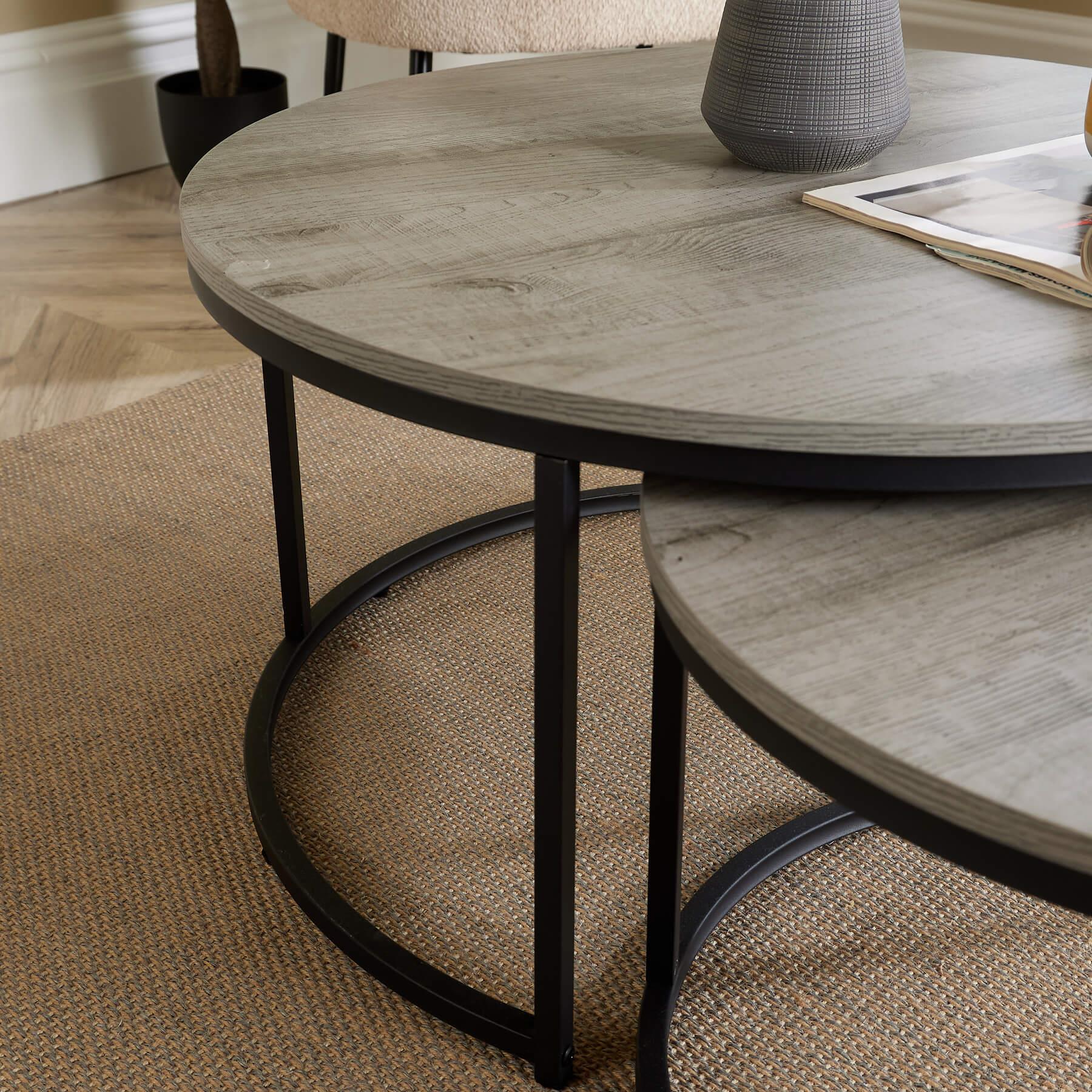 Nest of 2 Grey Tables Round Stackable Side Unit Industrial Living Room Furniture House Of Avana