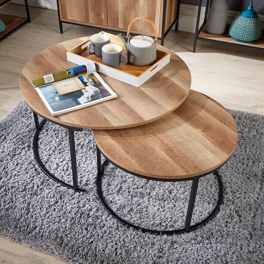 Nest of 2 Grey Tables Round Stackable Side Unit Industrial Living Room Furniture House Of Avana