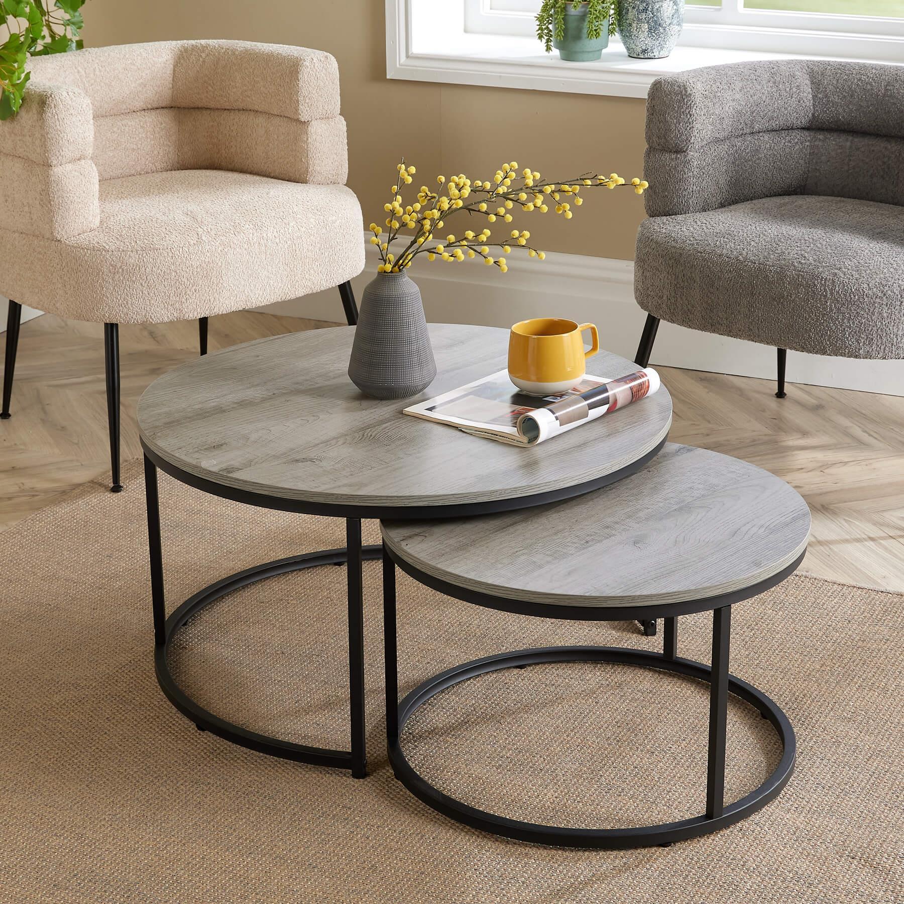 Nest of 2 Grey Tables Round Stackable Side Unit Industrial Living Room Furniture House Of Avana