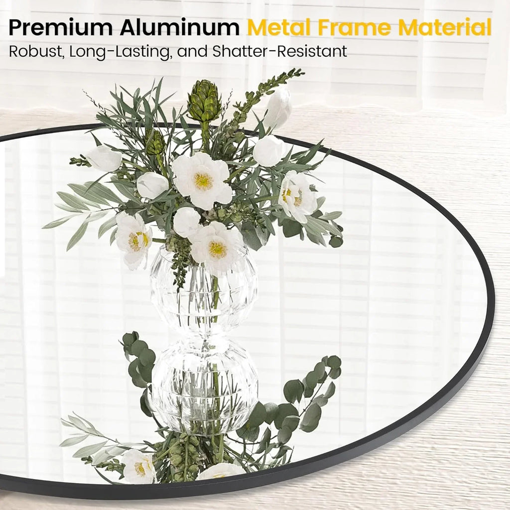 Takywep 24 Inch Round Mirror with 20mm Black Aluminum Frame - Shatter-Resistant Fogless Glass, -Fog Technology-Free (No Installation Required), Wall-Mounted Large Circle Mirror for Bathroom, Bedroom, Living Room, Entryway - M House Of Avana