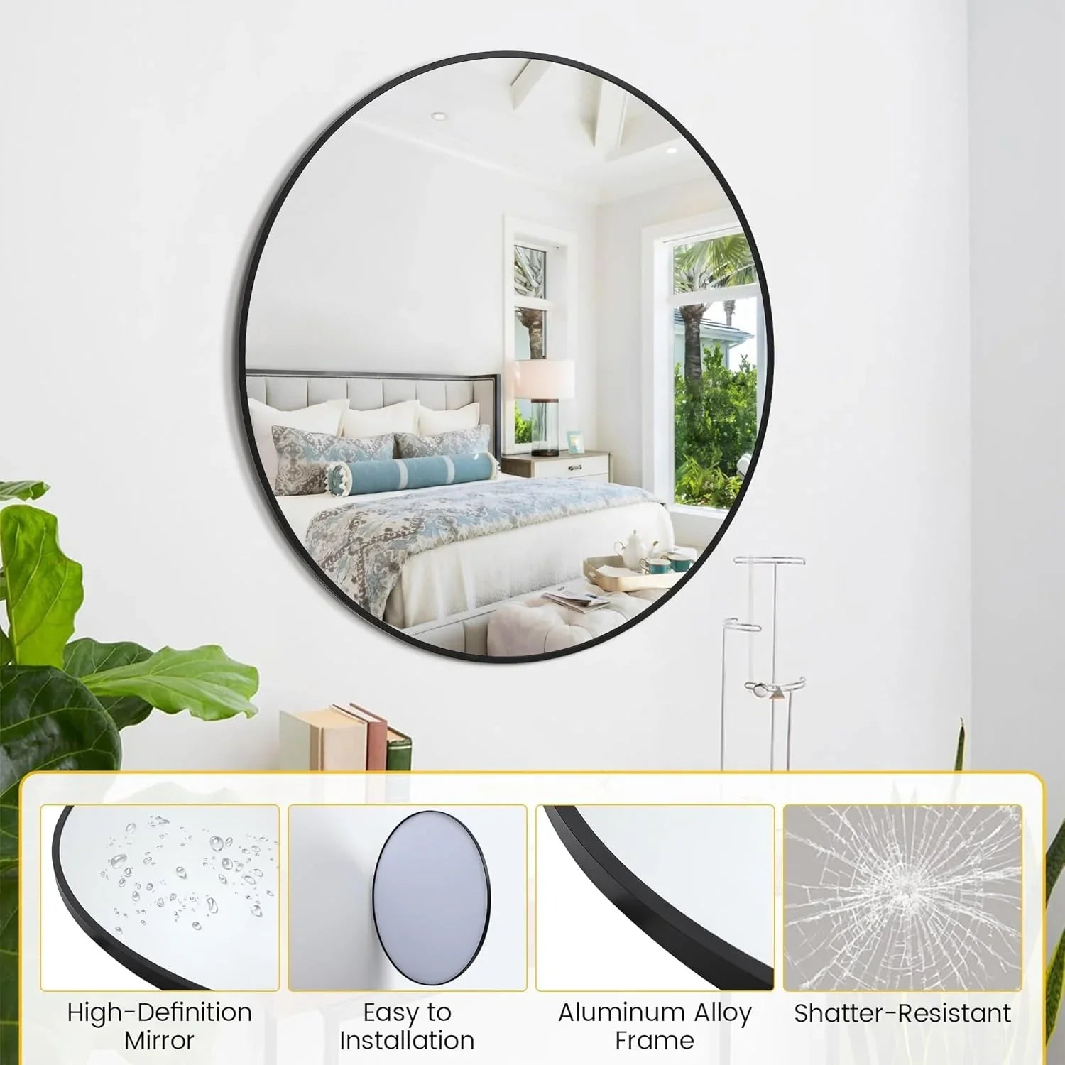 Takywep 24 Inch Round Mirror with 20mm Black Aluminum Frame - Shatter-Resistant Fogless Glass, -Fog Technology-Free (No Installation Required), Wall-Mounted Large Circle Mirror for Bathroom, Bedroom, Living Room, Entryway - M House Of Avana