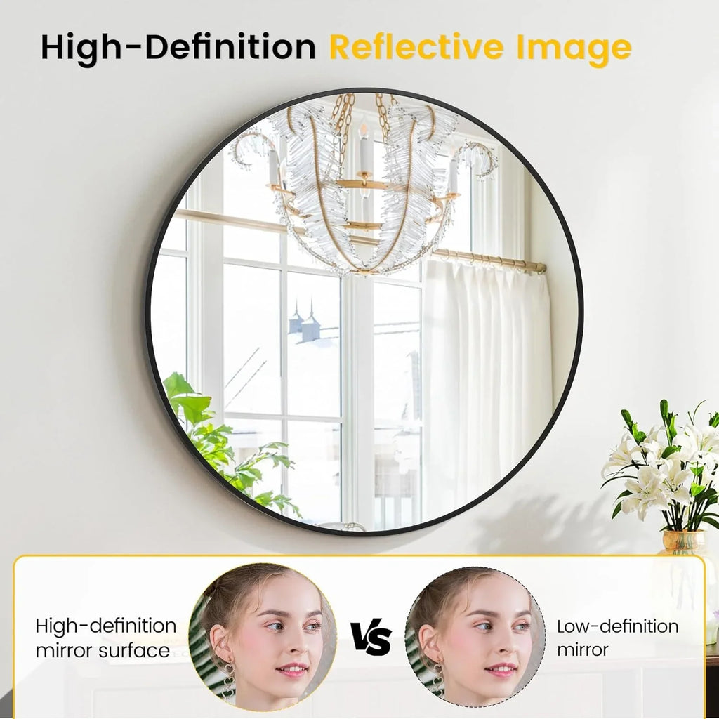 Takywep 24 Inch Round Mirror with 20mm Black Aluminum Frame - Shatter-Resistant Fogless Glass, -Fog Technology-Free (No Installation Required), Wall-Mounted Large Circle Mirror for Bathroom, Bedroom, Living Room, Entryway - M House Of Avana