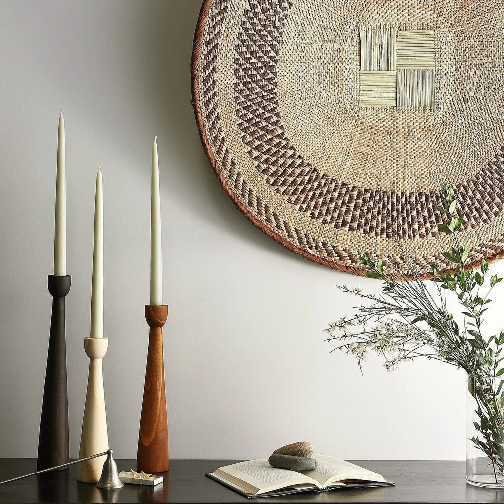 Tapered Candlestick Holder Pine Wood Cognac, Espresso, Natural, angled view - House Of Avana