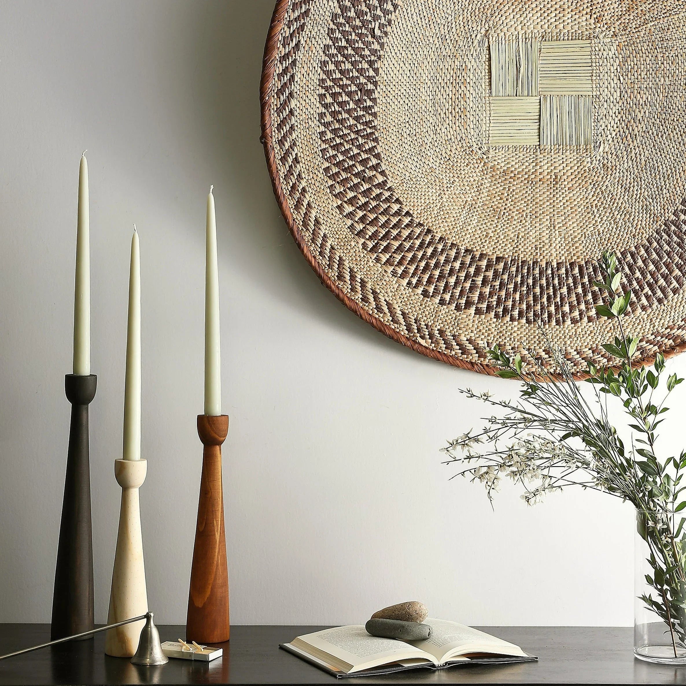 Tapered Candlestick Holder Pine Wood Cognac, Espresso, Natural, angled view - House Of Avana