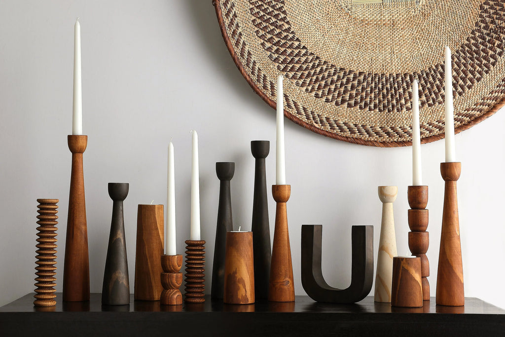 Tapered Candlestick Holder Pine Wood Cognac, Espresso, Natural, angled view - House Of Avana
