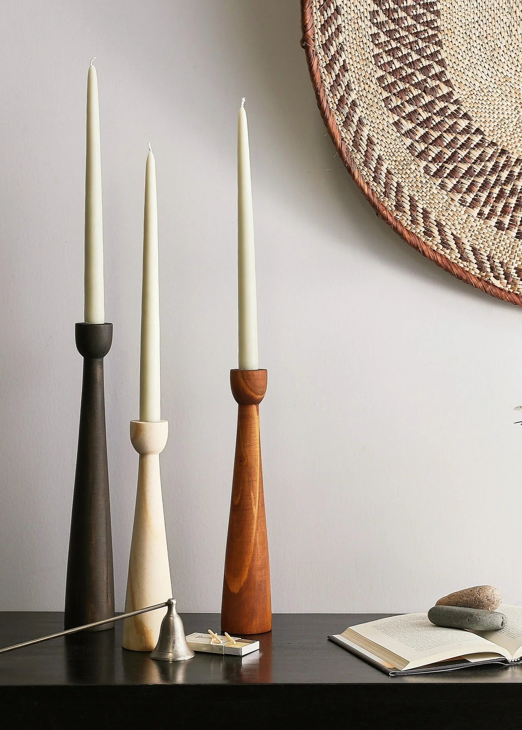 Tapered Candlestick Holder Pine Wood Cognac, Espresso, Natural, front view - House Of Avana