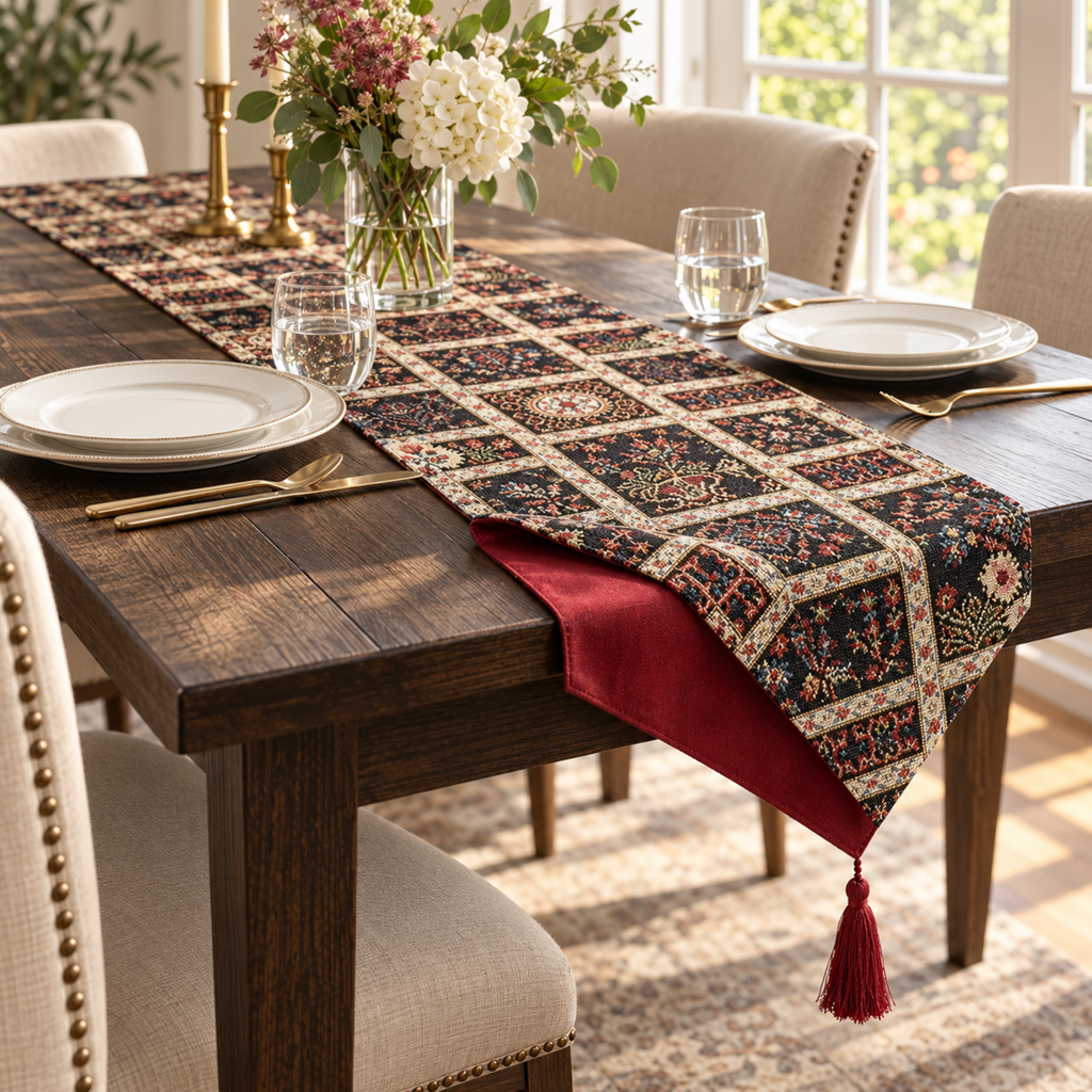 DaDalogy Bedding Elegant Woven Mughal Floral Tapestry Table Runner, Dark Noir Botanical Vintage Fleur (18197)