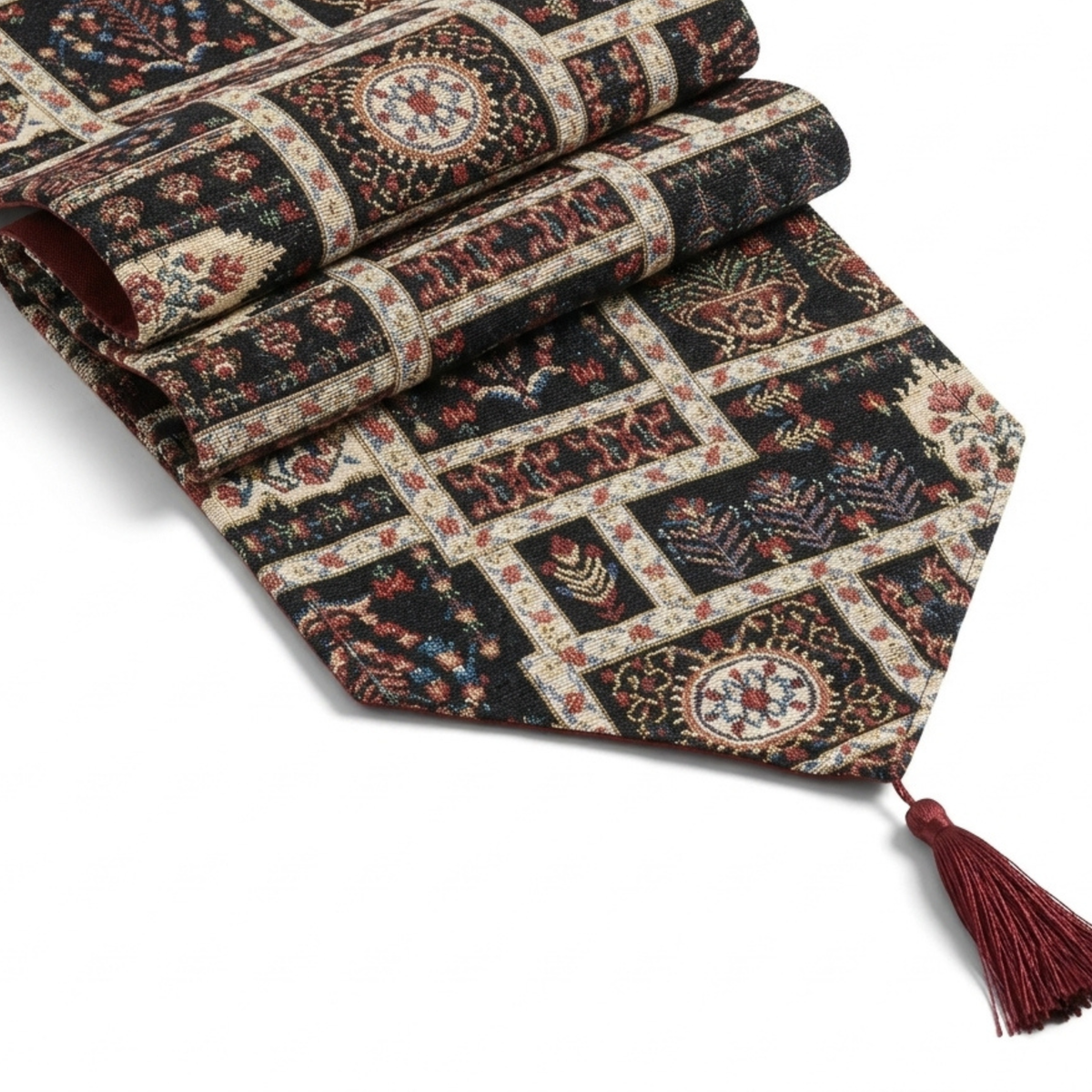 DaDalogy Bedding Elegant Woven Mughal Floral Tapestry Table Runner, Dark Noir Botanical Vintage Fleur (18197)