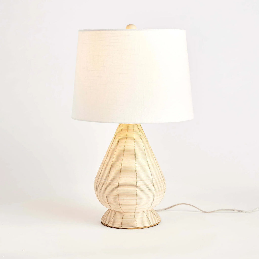 Teardrop Rattan Table Lamp with White Linen Shade Vintage Shopper