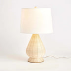 Teardrop Rattan Table Lamp with White Linen Shade Vintage Shopper
