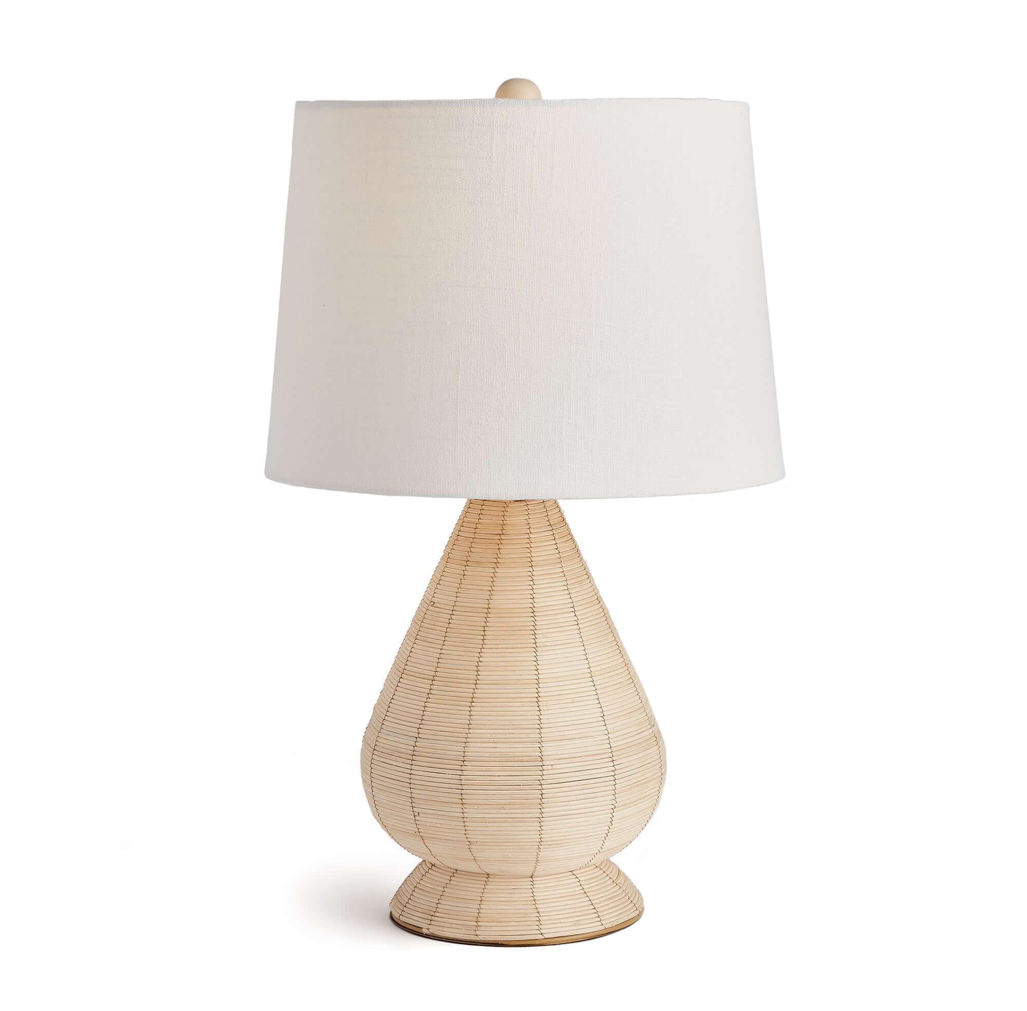 Teardrop Rattan Table Lamp with White Linen Shade Vintage Shopper