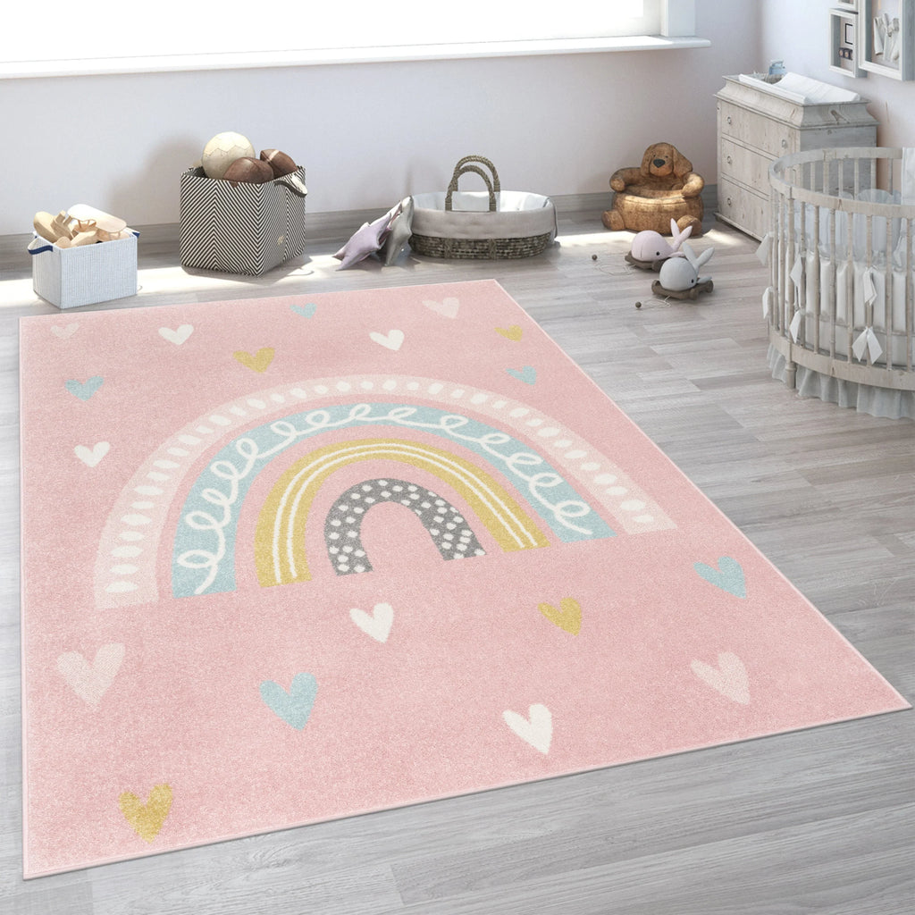 Kids Rug Nino with Rainbow and Hearts for Nursery in Pink RugYourHome