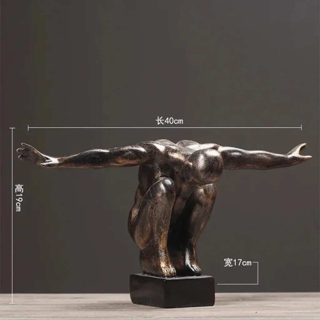 Bronze-finished thinker statue muscular man acrobatic pose on black base modern nordic decor home decor sculpture