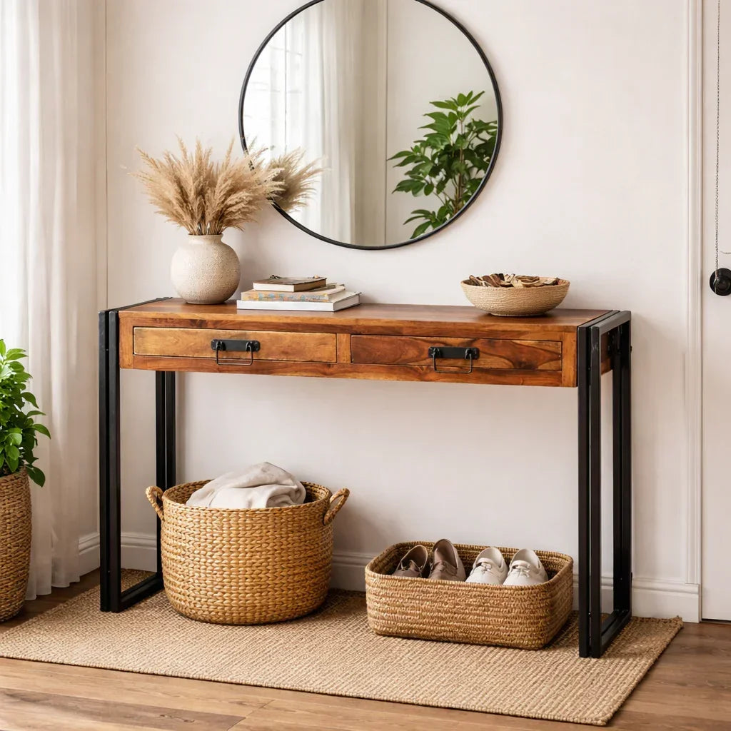Timbergirl Solid Sheesham Wood Console Table with Metal Legs