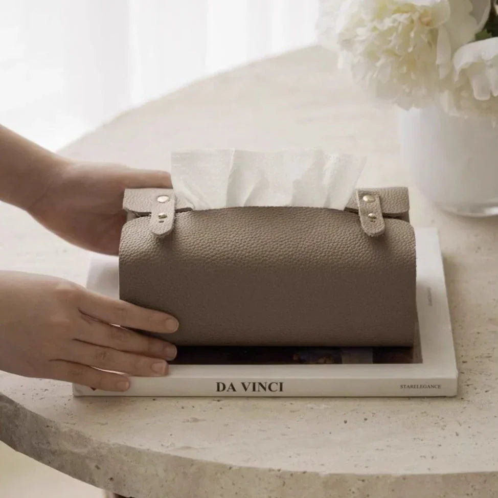 Tissue Box Holder - Luxury Faux Leather Small, angled view - House Of Avana