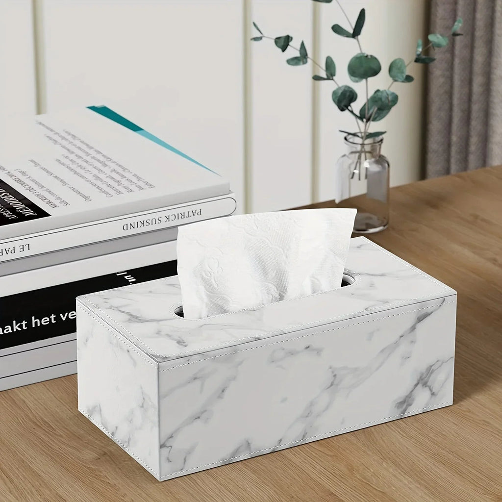 Tissue Box - Marble White Rectangular, side view - House Of Avana [[SKU:HOA-TIS-008]]