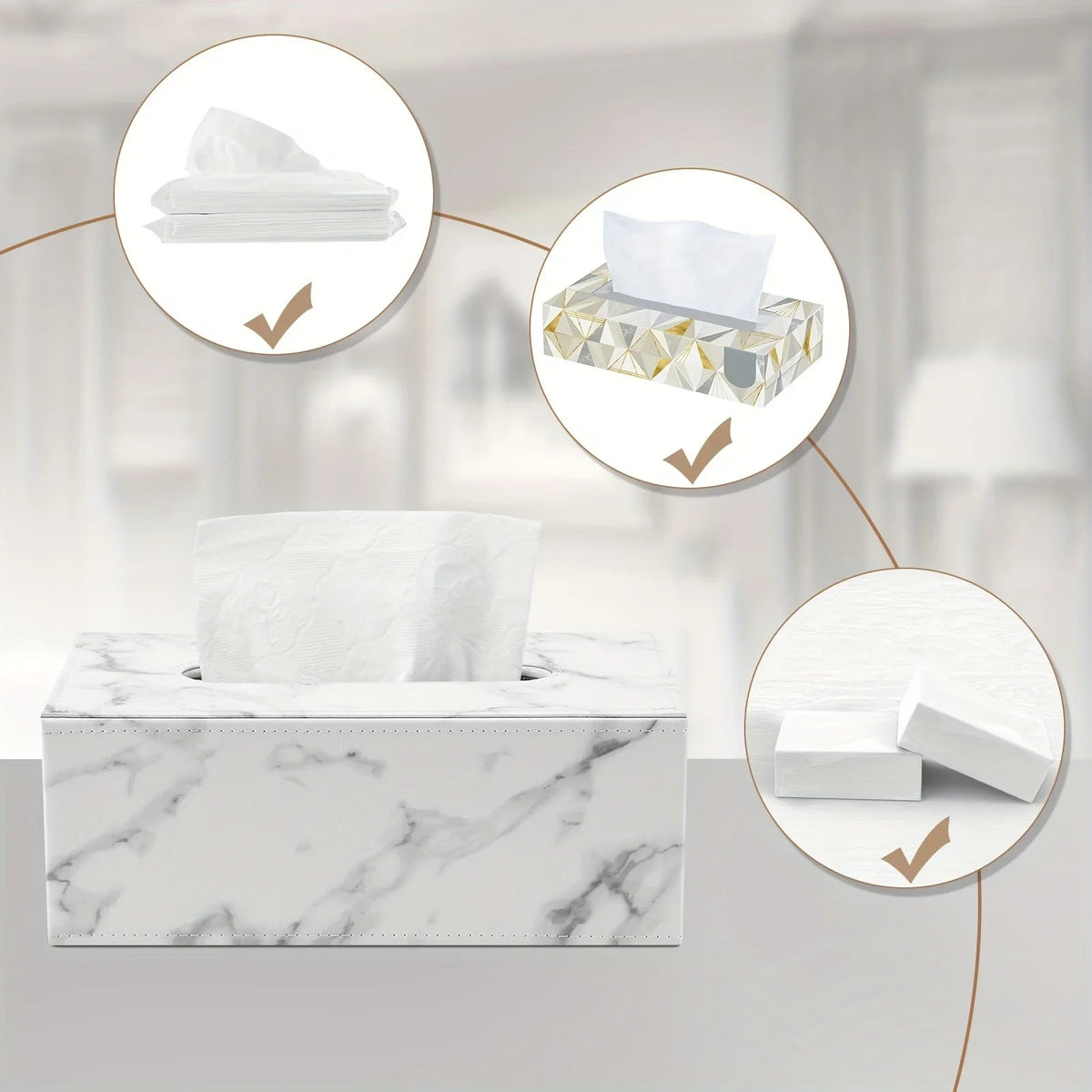 Tissue Box - Marble White Rectangular, top view - House Of Avana [[SKU:HOA-TIS-008]]
