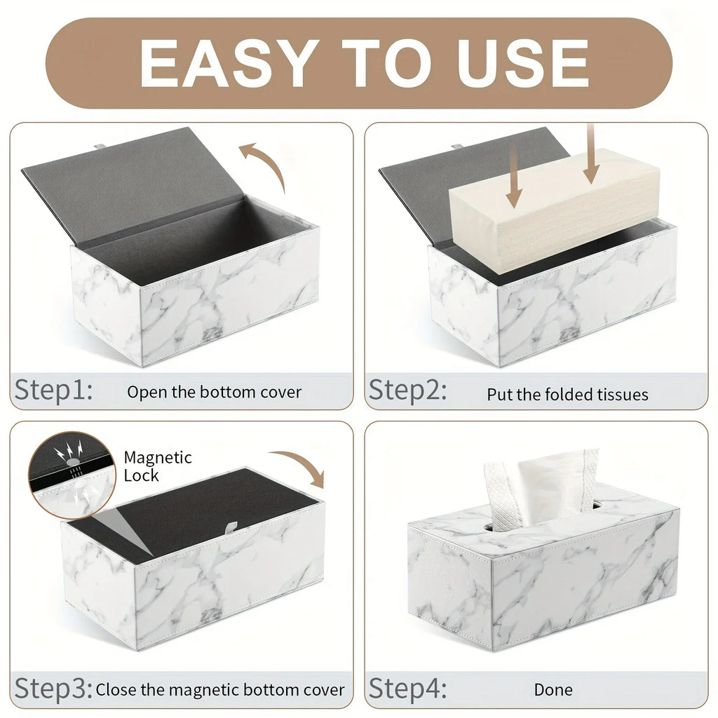 Tissue Box - Marble White Rectangular, angled view - House Of Avana