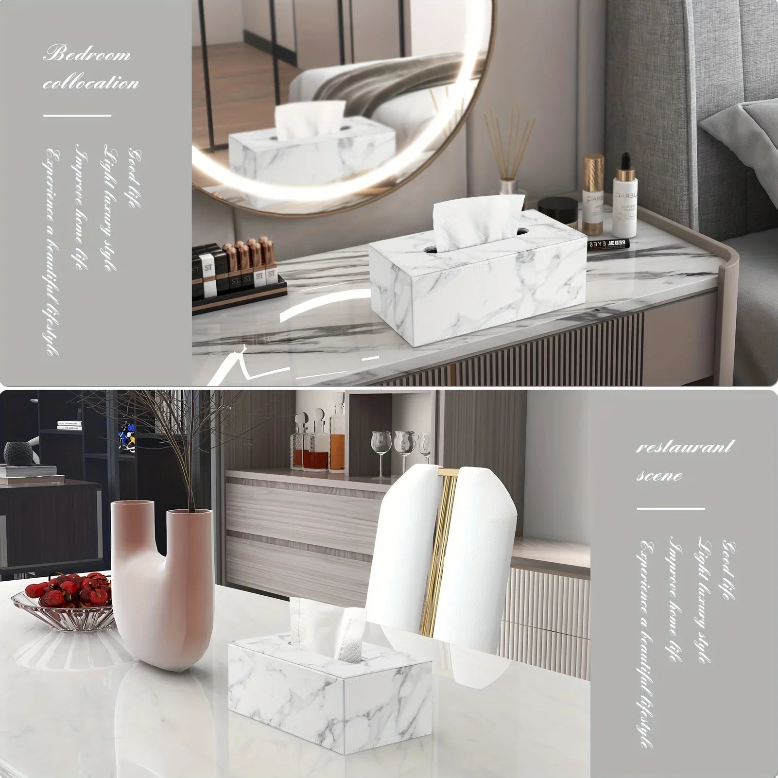 Tissue Box - Marble White Rectangular, angled view - House Of Avana