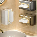 Bathroom tissue holder with toilet paper on a beige wall