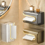 Bathroom tissue holder with toilet paper on a beige wall