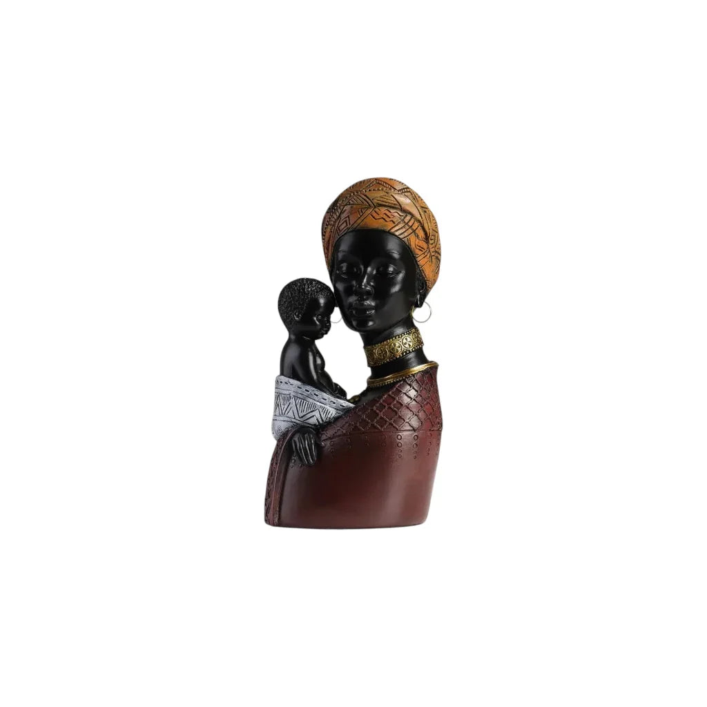 Traditional african mother and child resin figurine in black and brown with gold detailing on headwrap necklace and garment