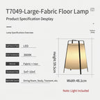 Product specification display for the T7049 Large-Fabric Floor Lamp, showing dimensions, LED details, material, and suitable indoor spaces on a light gray background.