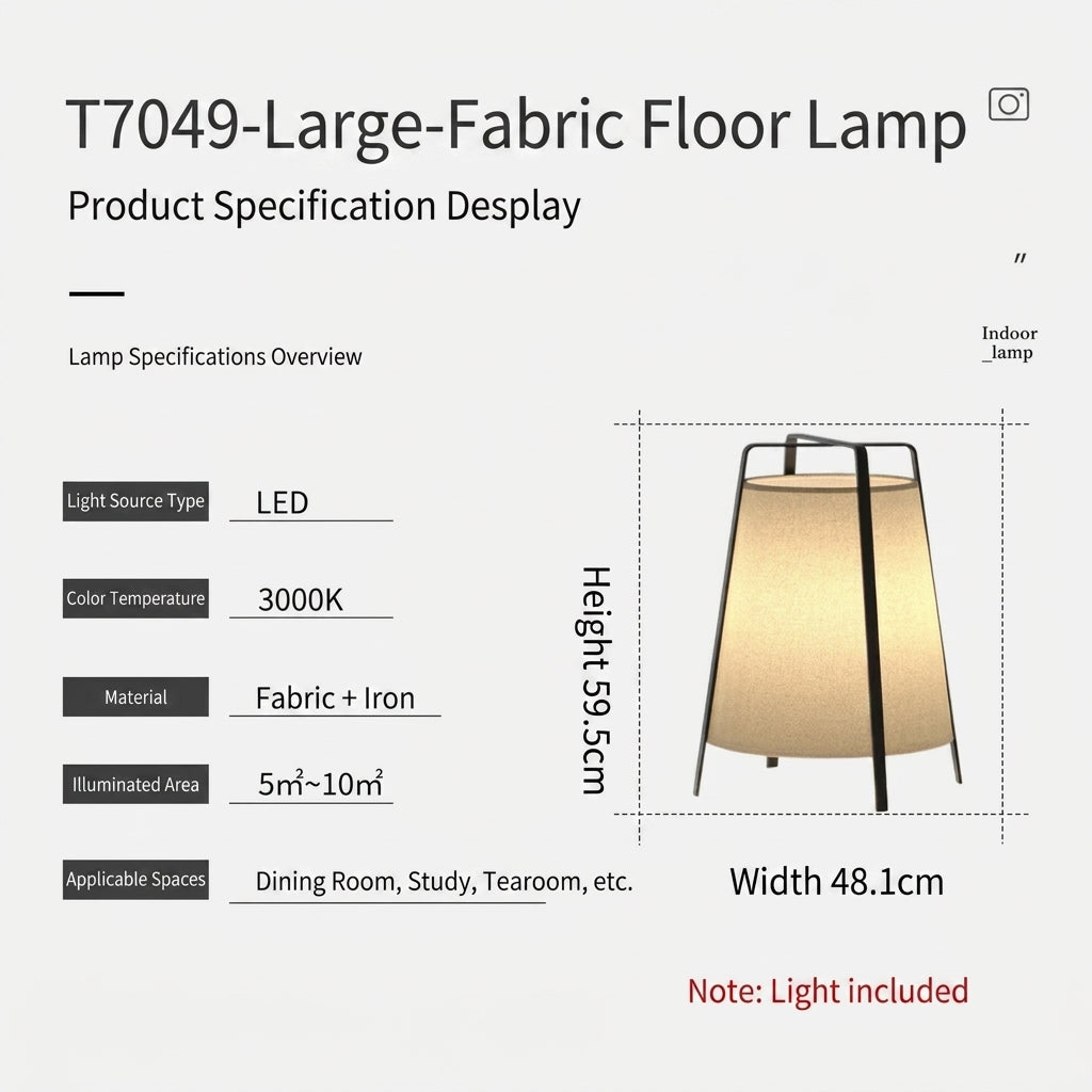 Product specification display for the T7049 Large-Fabric Floor Lamp, showing dimensions, LED details, material, and suitable indoor spaces on a light gray background.