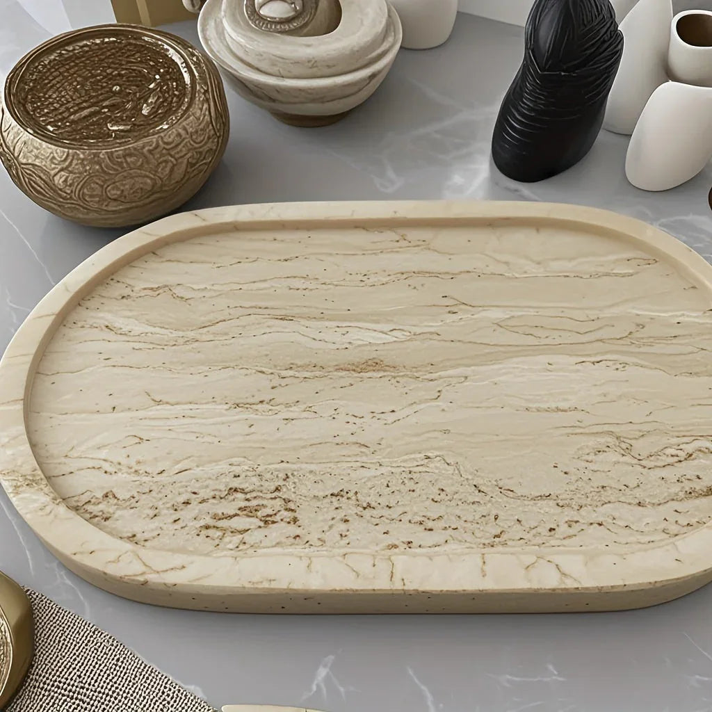 Tray - Natural Yellow Marble Round, angled view - House Of Avana