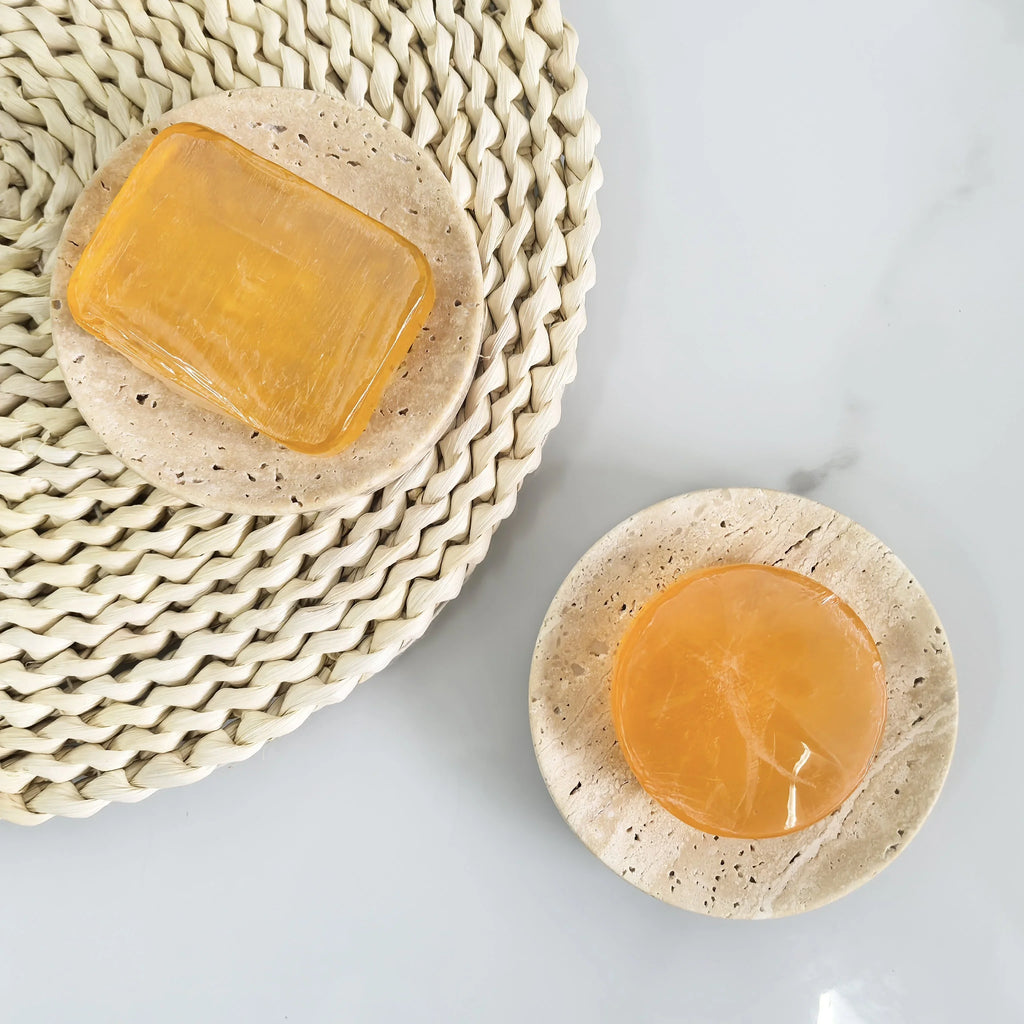 Tray - Pearl Marble Round, angled view - House Of Avana