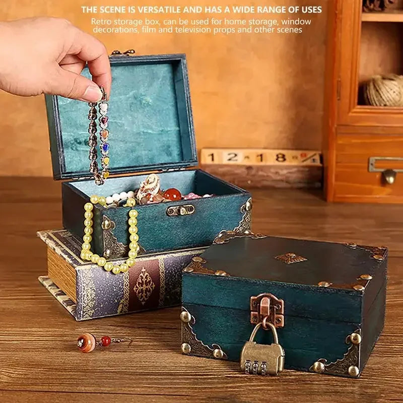Teal vintage-style wooden treasure box with brass hardware and combination lock for compact size home decor use
